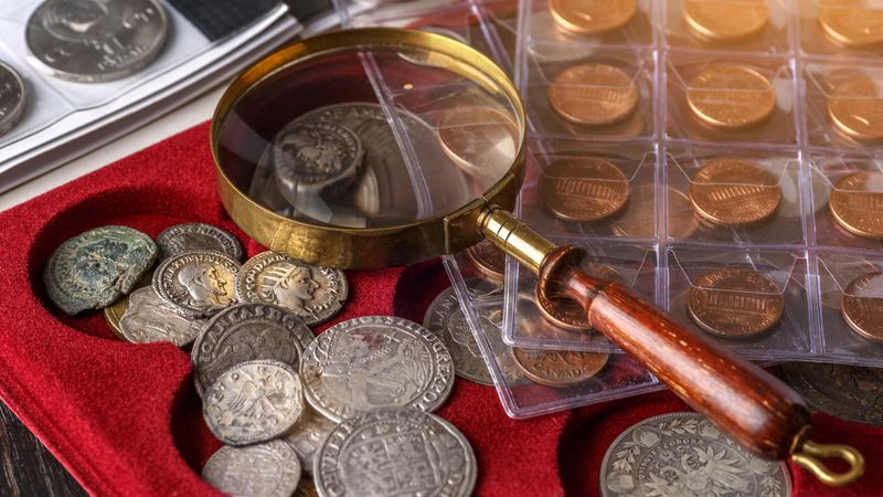 Coin album pages with a magnifier and old coins at a Philadelphia early American coin appraisal