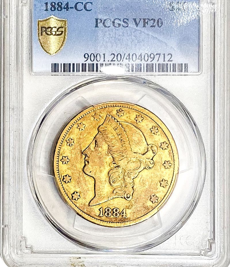 1884-CC gold coin in a PCGS VF20 slab, the kind of graded coin Philadelphia sellers bring to an appointment